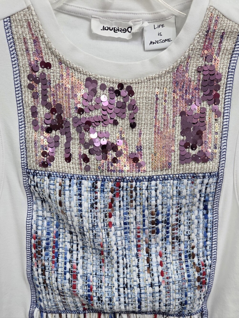 Desigual White Tank Top with Pink Sequin Yoke and Blue Woven Panel - Picture 6 of 8